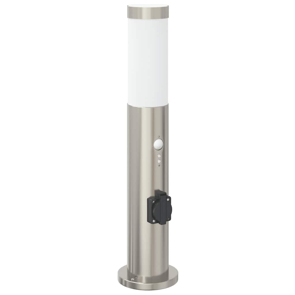 Set di 3 lampade a colonna in acciaio inox, 50 cm, con protezione IP44, presa integrata e sensore di movimento PIR, per giardino, terrazza, cortile, illuminazione esterna moderna e funzionale