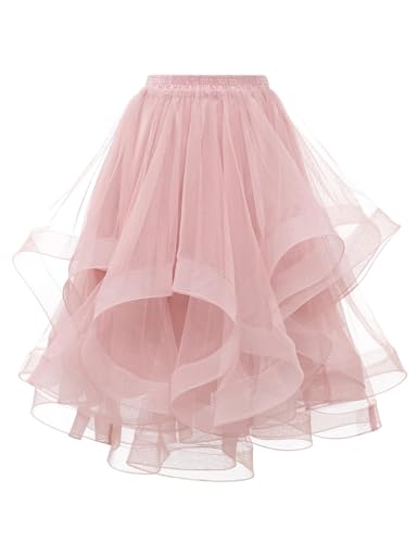DRESSTELLS Pink Tulle Skirts for Women Midi A Line Elastic High Waisted Summer Tiered Layered Puffy Tutu Fluffy Wedding Party Birthday Skirt L