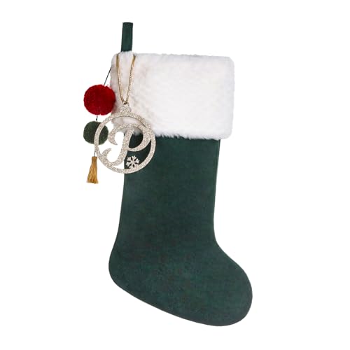 Pxniy Personalized Green Velvet Christmas Stocking, Gold Wooden Initial