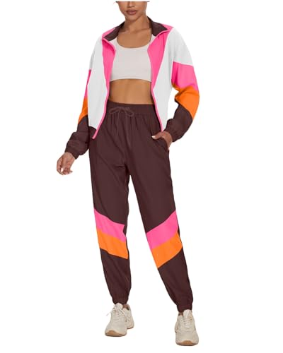 UOUA Women's Color Block 2 Piece 80s 90s Outfits Long Sleeve Windbreaker Jacket Tracksuit Set