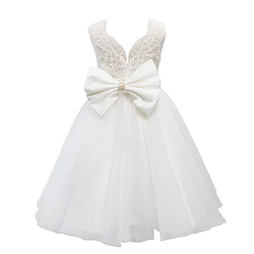 Miama Ivory Tulle Ivory Lace V Back Wedding Flower Girl Dress Christening Communion Dress 2T