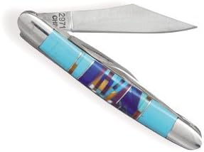 316L Stainless steel pocket knife with multicolor inlay imitation stone.
