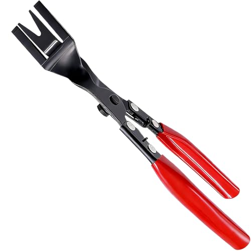 Image of Car Panel Trim Removal Tool, Interior Clip Plier with Red Non-Slip Handle, Door Upholstery and Dashboard Fastener Remover