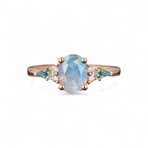 Labradorite and Moss Agate Engagement Ring, Oval Cut Rose Gold Ring with Side Stones, Nature-Inspired Solitaire Ring, Custom Promise Ring for Women