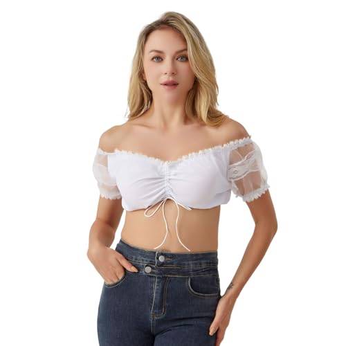 Mukum Women German Dirndl Blouse Bavarian Oktoberfest Costume White Lace Off the Shoulder Top Shirts for Women Beer Festival XX-Large