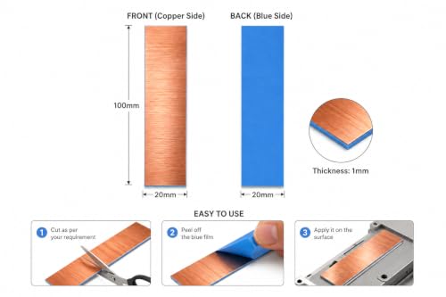 Image of ART IFACT 6 Pieces of Self Adhesive Copper pad with Double Sided Thermal Tape, High Performance Heatsink Copper with 30.0 W /mk Thermal Conductivity for CPU, RAM, Mobile, Camera- Size 100 x 20mm