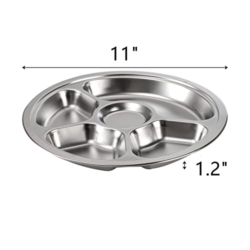 Zoofox Set Of 4 Stainless Steel Divided Dinner Plate, Stainless Steel Plates With 5 Sections, Round Serving Platter, Cafeteria Mess Tray, Camping Dishes, 11 Inches #TOP1