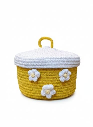 Round Cotton Storage With Lid Gift Basket for Closet Wardrobe Packing, Wedding Organizer, Eco- Friendly Bins Organizer (Yellow and White) for Home, Office with Handcrafted Crochet Flowers.-image-36