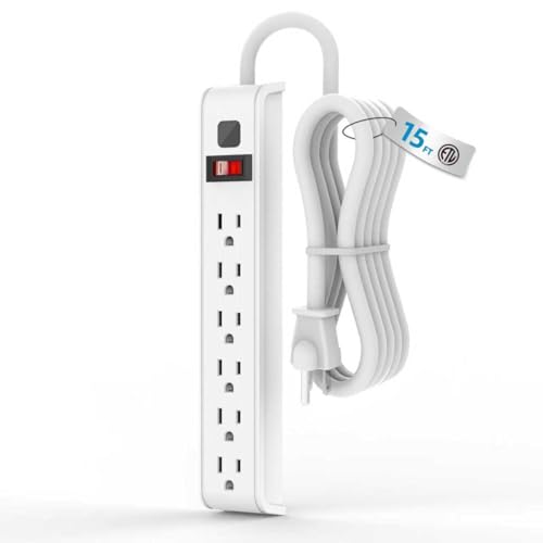 TiFFCOFiO Surge Protector Power Strip 15 Feet Extension Cord 600 Joules Surge Protection Multiple Protection 6 Outlet Strip 14 AWG Cord 15A/1875W ETL Listed