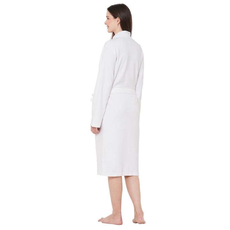 Image of Inner Sense Organic Cotton Bathrobe For Women I V Neck, Relaxed Fit and Knee Length I Soft, Comfortable, Adjustable Waist Belts I White Bath Dress For Women
