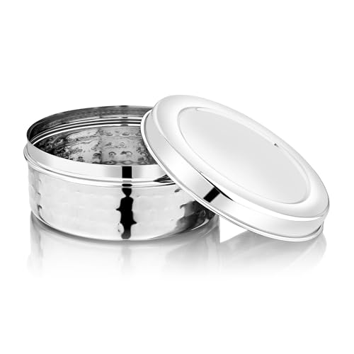 Image of Vinod Hammered Stainless Steel Puri Dabba | 650ml Capacity, 12.5cm Dia | Hammered Finish Multipurpose Stainless Steel Flat Storage Container for Puri, Snacks, Dry Food, Tiffin & Travel Use