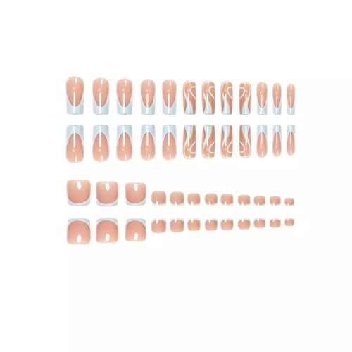 Image of 48 Pcs Press on Nails & Press on Toenails Set Short Square Nail Press ons French Tip Fake Nails Curve Line Glue on Toes Glossy Artificial Acrylic Full Cover Stick on Toe Nail for Women Manicure
