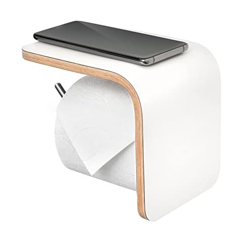 White Wooden Toilet Roll Holder with Shelf - Wall Mounted - Bathroom Paper Tissue Holder with Phone Storage Shelf - Made in France Cover