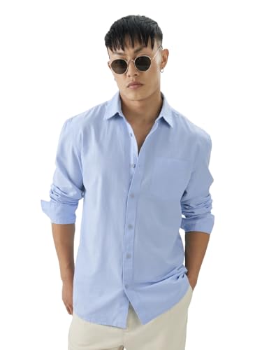 Image of The Souled Store Solids : Ecru Beige Men and Boys Collared Neck Long Sleeve Button Front Regular Fit Cotton Linen Shirt