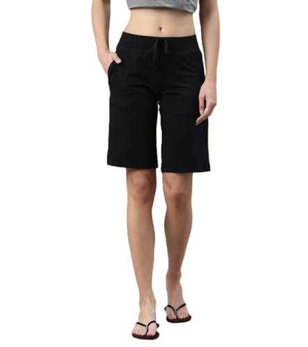 Image of Enamor Mid Rise Knee Length Drawstring Closure City Shorts for Women - Slim Fit, Soft and Breathable Cotton - E044
