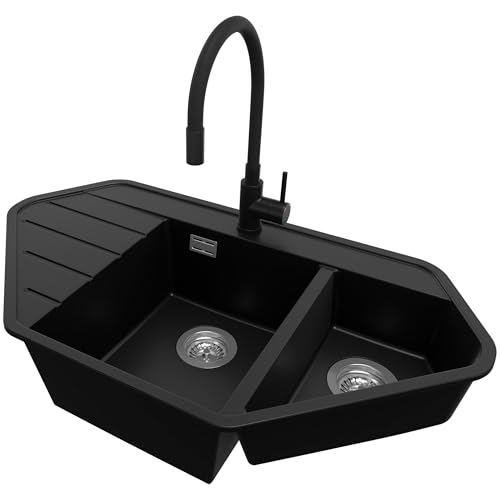 PRIMAGRAN Fregadero Granito de Esquina Negro 90x50cm, Cocina 1,5 Senos + Grifo 40x38cm + Sifón, Sobre encimera al mueble 80cm - Copenhague Corner
