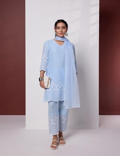 Image of Amazon Brand - Myx Women's Pure Cotton Schiffli Embroidered Kurta Set with Dupatta (Available in Plus Sizes)