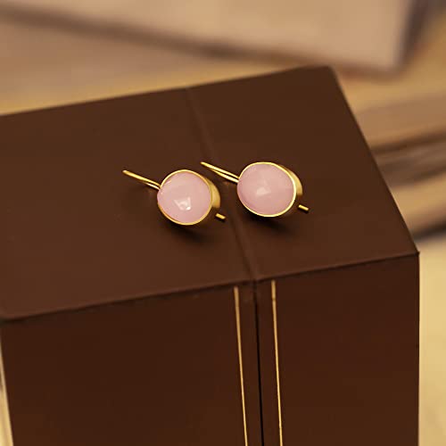 Handmade Dangle Drop Hook Earring | Colored Stones In Golden Colored Brass Shell | Lightweight And Elegant (Pastel Pink) #TOP1