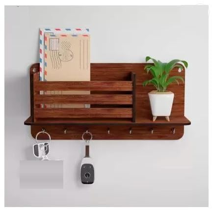 Wall Mounted Key Holder Organizer, Kitchen Cabinet Door Hanging Key Rack with Hooks and Key Rings, Brown (Wallnut)