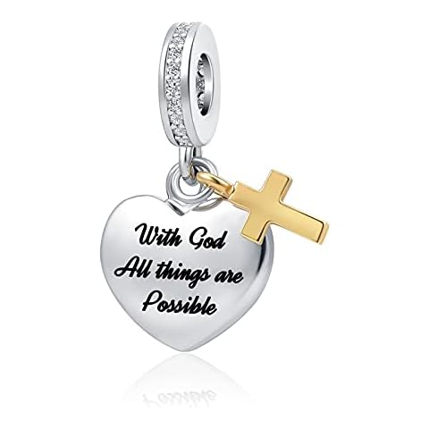 DWJSu Religious Cross Charms for Pandora Bracelet and Necklace Women With God All things are Possible Heart Bead, Silver,Gold,Black (DMY020) Cover