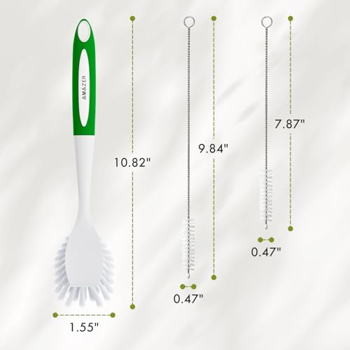 Image of Amazer 4 Pack Dish Brush with Handle, Kitchen Scrub Brushes for Cleaning, Straw Cleaner Brushes for Water Bottle, Dish Scrubber with Stiff Bristles for Sink