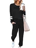 Ekouaer Casual Sweatsuits Womens 2 Piece Outfits Crew Neck Sleepwear Long Sleeve Pajama Set with Pockets Black