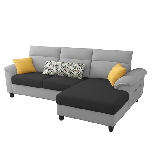 Image of Casaliving Seams RHS 4 Seater L Shape Sofa for Living Room (Black Grey Fabric) Premium Fabric Sofa