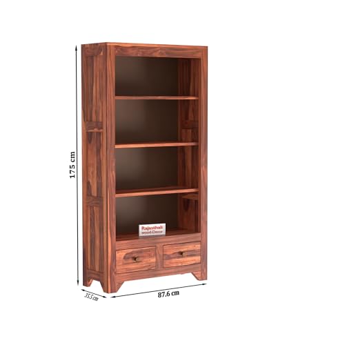 Image of Solid Sheesham Wood Bookshelf Cum Display Cabinet | Wooden Book Shelf with 2 Drawers & 3 Shelves Storage | Living Room & Study Room Bookcase | Honey Oak Natural Finish