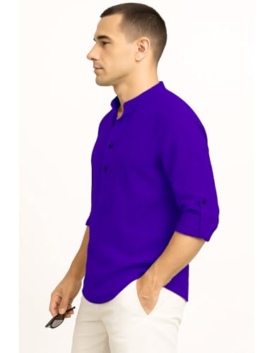 Image of DEEMOON Men's Cotton Blend Solid Regular Fit Full Sleeve Short Kurta | Men's Trendy Short Kurta