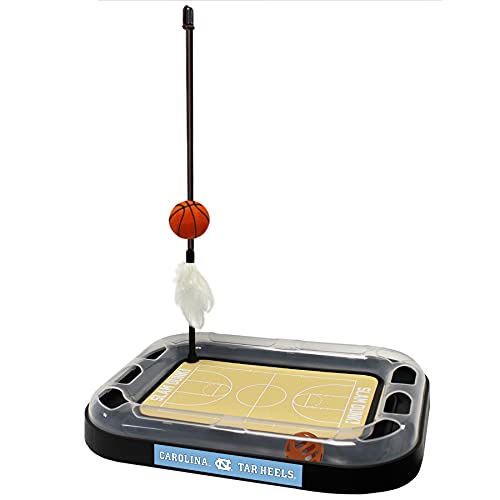 Pets First 6-in-1 Tar Heels Cat Toy - Reversible Cardboard Scratcher, Cat Ball, Bell, Wand, Plush Basketball - Catnip-Filled (UNC-5017-BB)