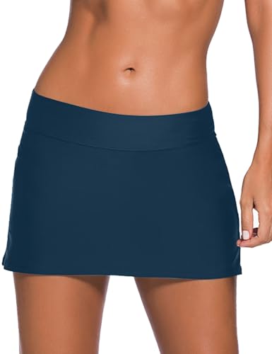 Image of REKITA Women Swim Skirt Solid Color Waistband Skort Bikini Bottom