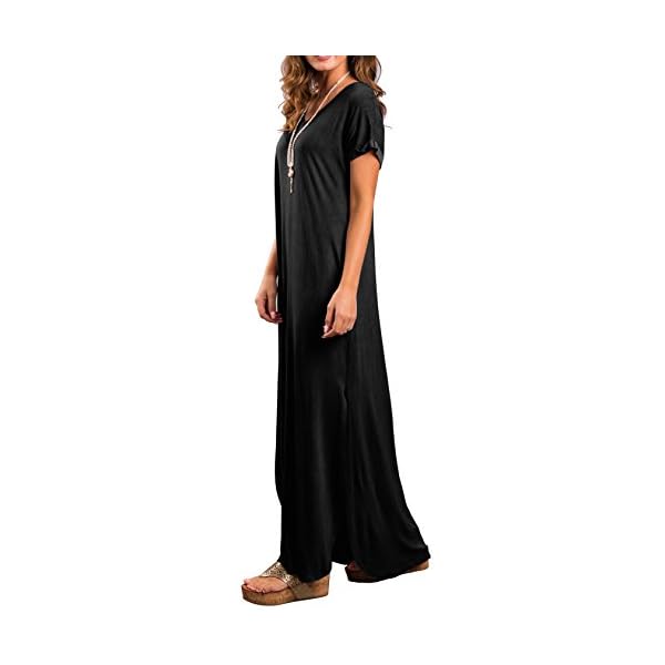 GRECERELLE-Womens-Casual-Loose-Pocket-Long-Dress-Short-Sleeve-Split-Maxi-Dresses GRECERELLE Women's Casual Loose Pocket Long Dress Short Sleeve Split Maxi Dress Black Medium