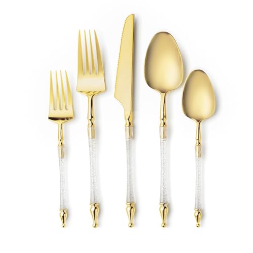Sopphisticate Collection Lot de 40 couverts en plastique avec poignée argentée pailletée et dessus doré Idéal pour les mariages et événements festifs