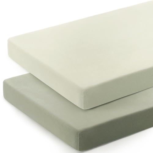 Image of GRSSDER Mini Crib Sheets Fitted, Pack and Play Sheets 2 Pack, Ultra Soft Stretchy Pack N Play Sheets, Universal Fit for Playard Mattress, Jersey Crib Sheets for Boys and Girls, Sage Green
