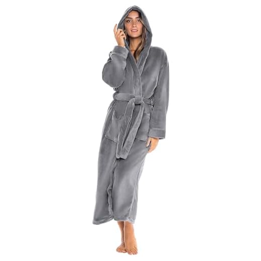 Alexander Del Rossa Women’s Robe, Plush Fleece Hooded Bathrobe with Two Large Front Pockets and Tie Closure, Steel Gray, Large XL