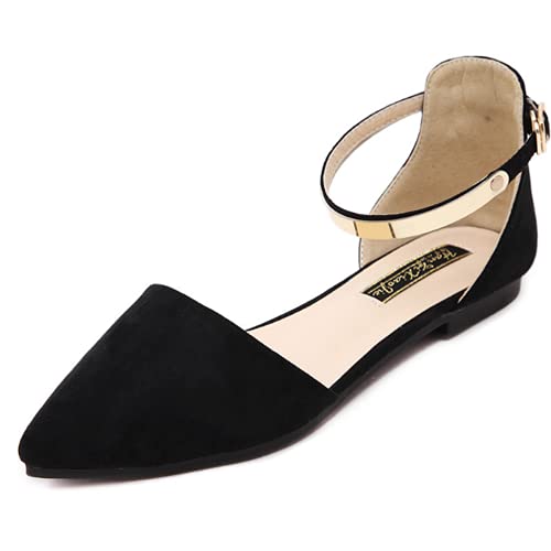 ChaiRong Zhou Women's Elegant Ankle Buckle Flat Shoes Classic Comfortable Pointed Toe Ballerina Ballets