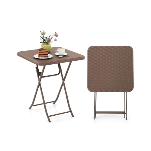GIANTEX Table de Pique-Nique Pliable pour 2 Personnes avec Plateau HDPE, Table de Patio Carrée à Texture Rotin avec Cadre en Métal, Pas d’Assemblage, pour...