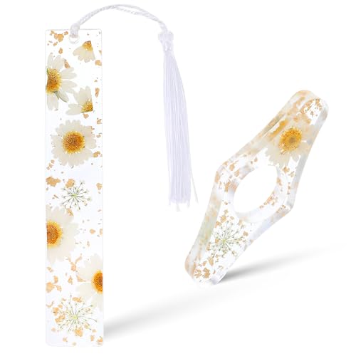 Gjinxi Lot de 2 supports de page de livre, fleurs séchées en résine avec pompon, accessoires de livre pour les amateurs de lecture, cadeau pour les vers de bibliothèque, lecteurs, littéraire