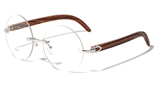 Rimless Oversized Round Clear Lens Wood Temple Sunglasses