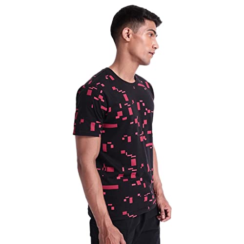 Image of Bewakoof Men's Geometric Print Black Round Neck Half Sleeve T-Shirt