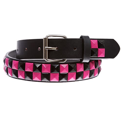 Kids Snap On Punk Rock Black & Hot Pink Star Studded Checkerboard Leather Belt2