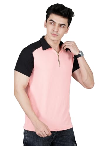 Image of London Hills Men's Loose Fit Half Sleeve Color Block Polo T-Shirt with Zip Collar | Premium Polyester Fabric | T Shirt for Man | Tshirt | Shirts Men | Tshirt for Man | Men T-Shirts