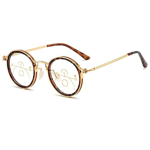 Lanomi Progressive Multifokal Lesebrille Damen Herren Rund Gleitsichtbrille Blaulichtfilter Retro Gleitsicht Lesehilfe Anti Blaulicht Brille mit Stärke Gold Schildpatt Multifokalbrille 2.0