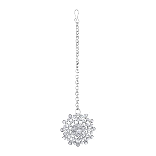 Image of Atasi International Silver Plated White Crystals American Diamonds Stylish Necklace Set with Earrings and Maang Tikka for Women and Girls | Stylish Jewellery for Party, Wedding and Festive Occasions (R6157)