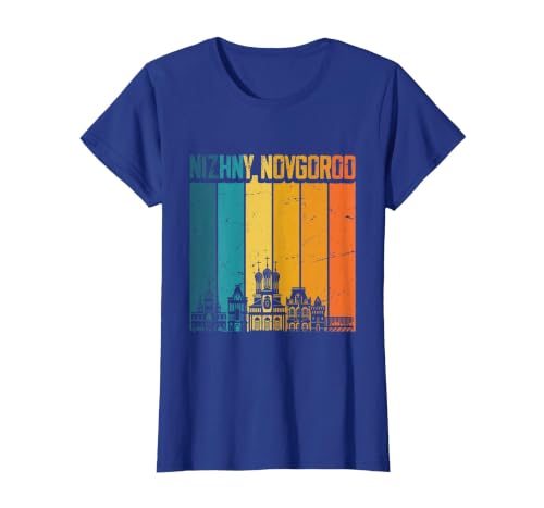 Nizhny Novgorod Russia Retro Vintage Sunset Skyline T-Shirt, Women, Royal Blue, X-Large