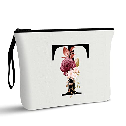 Image of Vavabox A-Z Personalized Makeup Bag, Birthday Gifts for Women Mom, Gifts for Best Friend, Bride Bridesmaid Cosmetic bag (T, 01-White)