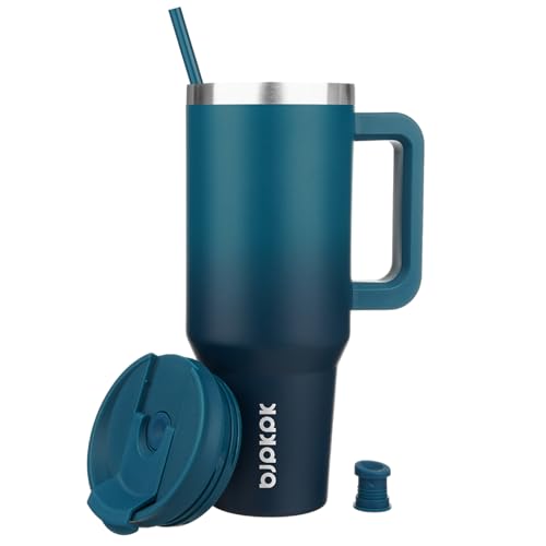 BJPKPK 1200 ml Isolierter Edelstahl-Becher mit Griff, Deckel und Strohhalm – Wiederverwendbarer Thermobecher für Reise, Kaffee und Tee, Indigo Schwarz 4