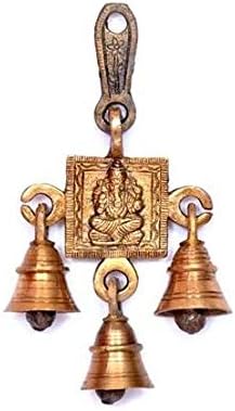 Shubh Labh God Ganesha/Ganesha Wall Hanging Bell Brass Metal Door Decoration, Shri Ganesh-3Bells, Gold, 1-PATTBELL