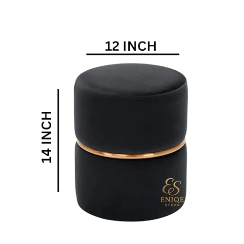 Image of Upholstered Velvet Round singal Strip Office Foot Rest Stool Round Padded Seat Pouf Ottoman for Living Room with Linen Fabric (Black)