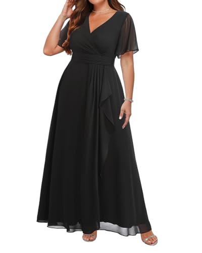 Plus Size Formal Dresses - Wedding Guest Bridesmaid Evening Prom Chiffon V Neck Ruffle Short Sleeves Long Dress Women